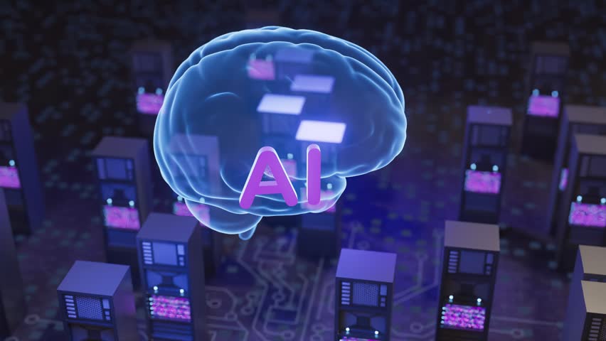 Digital brain representing artificial intelligence in a network of servers and data streams.