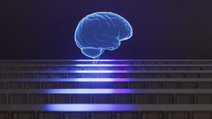 Digital brain interacting with data streams on server racks in a tech environment during day.