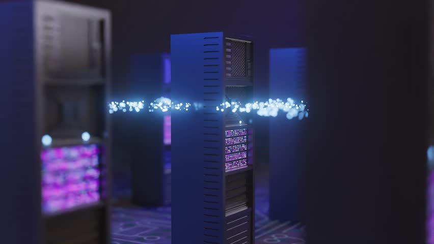 Data servers with glowing lights in a tech environment at night in a modern office space.