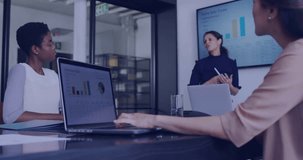Presenter starting slides and team using laptops while map overlay growing showing business data. Meeting, collaboration, presentation, boardroom, holographic, network, analytics - Powered by Shutterstock - Get 15% off with code: PIKWIZARD15