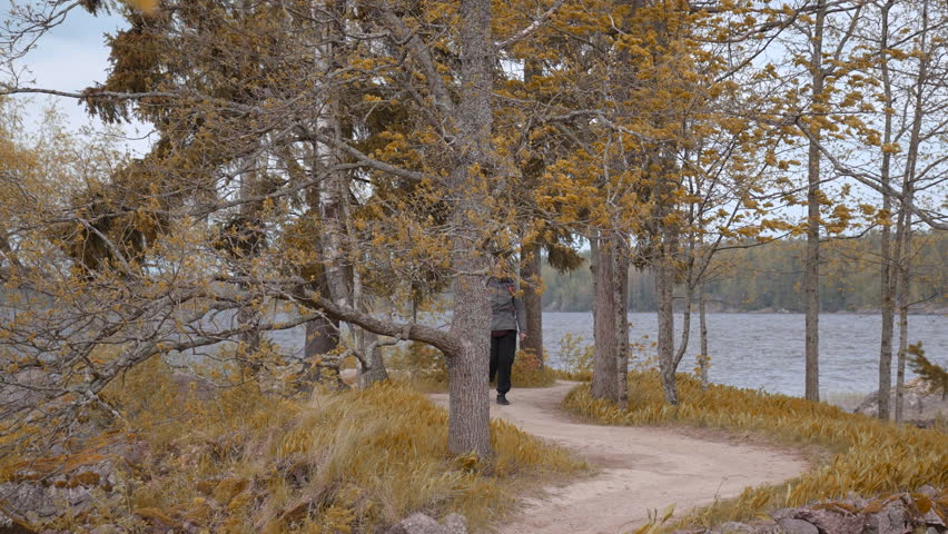 Walking Along Winding Trail During Fall. Solo Hiker Navigates Peaceful Lakeside In Autumn Weather. Creative
