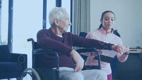 Senior man extending arm, caregiver adjusting wearable for health data in lounge, hex icons syncing. Elderly, homecare, monitoring, healthtech, smartwatch, iot, daylight - Powered by Shutterstock - Get 15% off with code: PIKWIZARD15