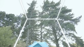 Pulse starting mesh dome over blue tent, projecting code to map camp, view lowering revealing kit. Campsite, forest, pines, canopy, overcast, augmentedreality, holographic - Powered by Shutterstock - Get 15% off with code: PIKWIZARD15