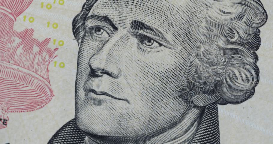 Alexander Hamilton close up portrait footage from us 10 dollar bank note