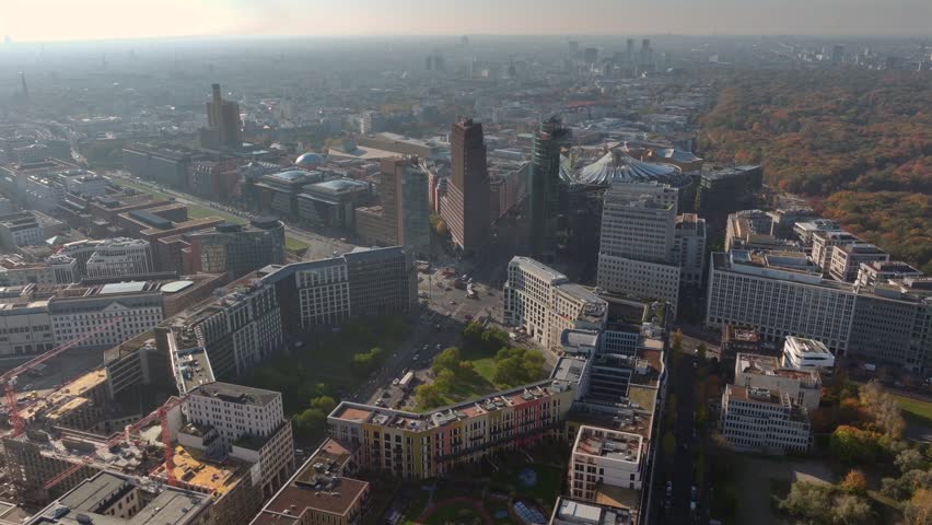 Aerial Shot of Modern architecture buildings, Potsdamer Platz, Potsdam Square, in the city centre, Berlin, Germany.