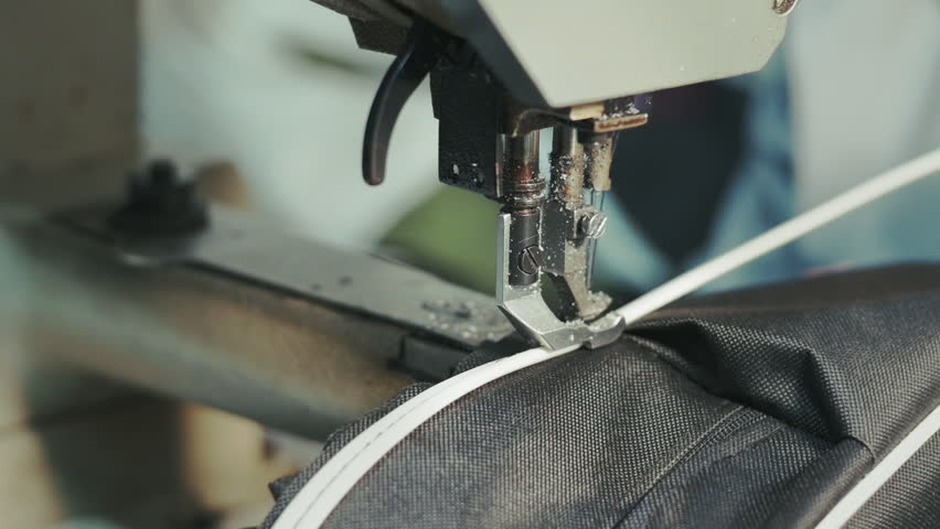 Close-Up Sewing Machine Stitching Fabric Bag