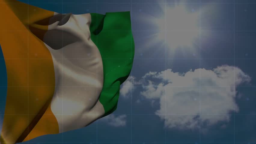 Vertical video: Waving orange-white-green flag from gust across sky with sun grid for broadcast. Tricolor, ensign, flutter, fabric, texture, overlay, stylized
