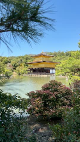 Golden Pavilion (Kinkaku-ji) in Kyoto with its iconic gold reflection in the pond under a clear blue spring sky, surrounded by lush greenery and visiting tourists.