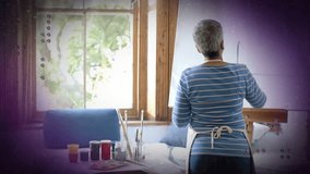 Senior painter at easel, making first stroke and repeating strokes creating art, overlays shifting. Artist, canvas, studio, window, light, greenery, concentration - Powered by Shutterstock - Get 15% off with code: PIKWIZARD15