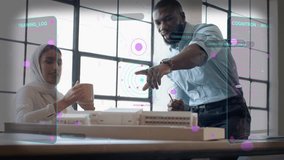 Man pointing then tracing then penciling model while woman holding mug, HUD guiding design review. Collaboration, architecture, blueprint, prototype, office, augmented, reality - Powered by Shutterstock - Get 15% off with code: PIKWIZARD15