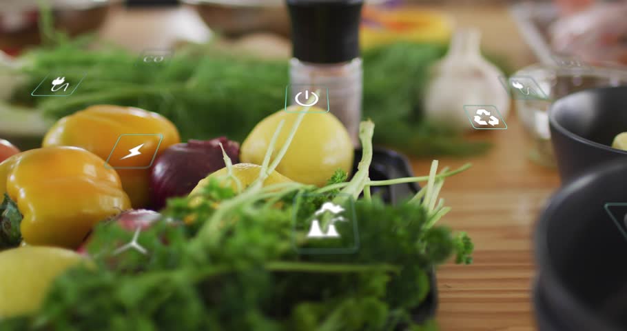 Camera racking to yellow pepper, sharpening clarity while AR tech icons drifting, showing freshness. Produce, vegetables, herbs, lemon, onion, garlic, tomatoes