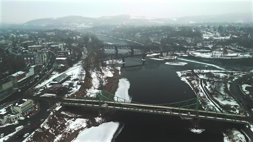 Aerial view over winter river and bridges in Easton Pennsylvania