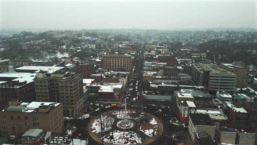 Aerial view of downtown Easton Pennsylvania with straight city street