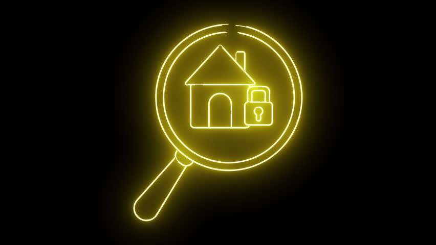 A neon yellow house with a padlock found within a magnifying glass against a black background