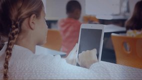 Braided girl tapping tablet, animating wire cube around hands and code lines for classroom learning. Augmented, reality, education, technology, interactive, device, students - Powered by Shutterstock - Get 15% off with code: PIKWIZARD15