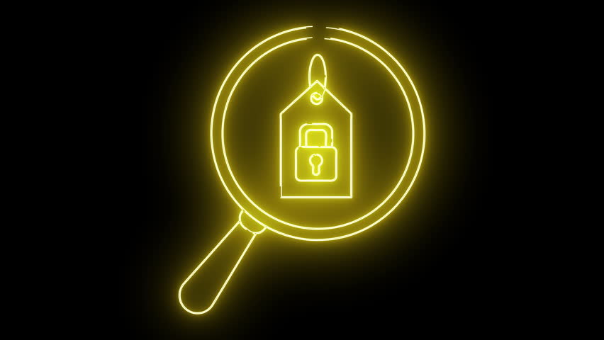 Neon yellow outline of a magnifying glass examining a price tag with a padlock inside