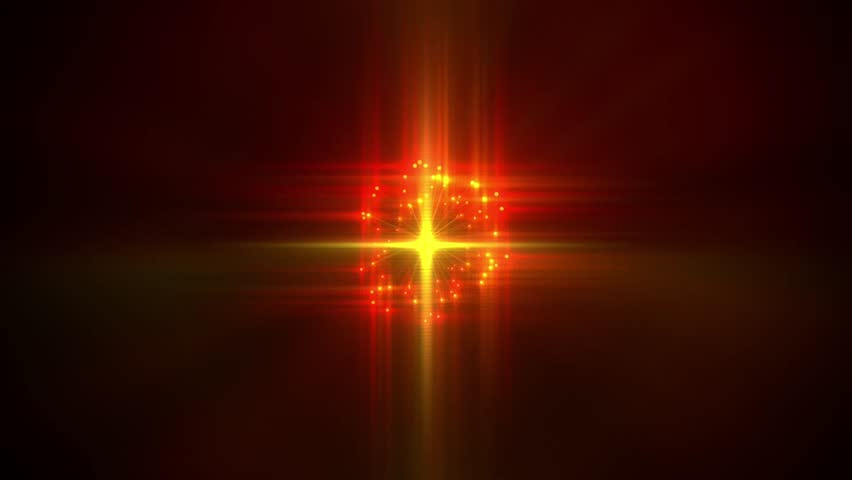 Golden starburst explosion with glowing red particles and bright light rays on a dark black backdrop