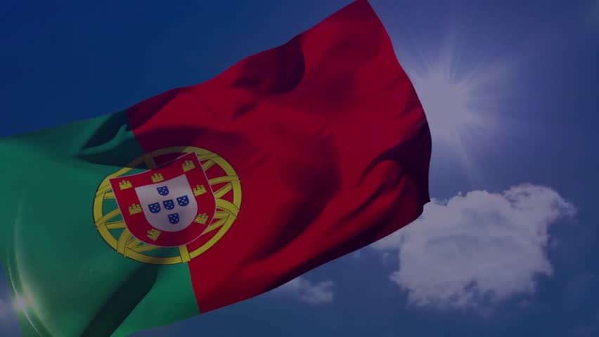 Playback starting, Portuguese flag rippling across broadcast HUD while revealing world map contours. Ensign, crest, armillary, shield, emblem, futurism, digital