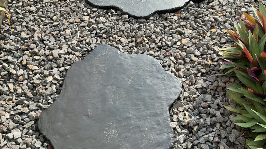 Dark stone slabs lie on gravel path. Irregular shapes contrast with pebbles around. Green plants edge the walkway. Path invites nature lovers to stroll. Ideal for garden design projects