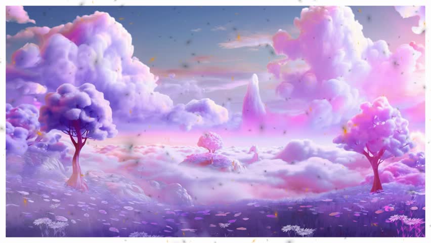 A surreal landscape featuring pastel-colored clouds and whimsical trees, perfect for fantasy, imagination, and creative projects in marketing or art.