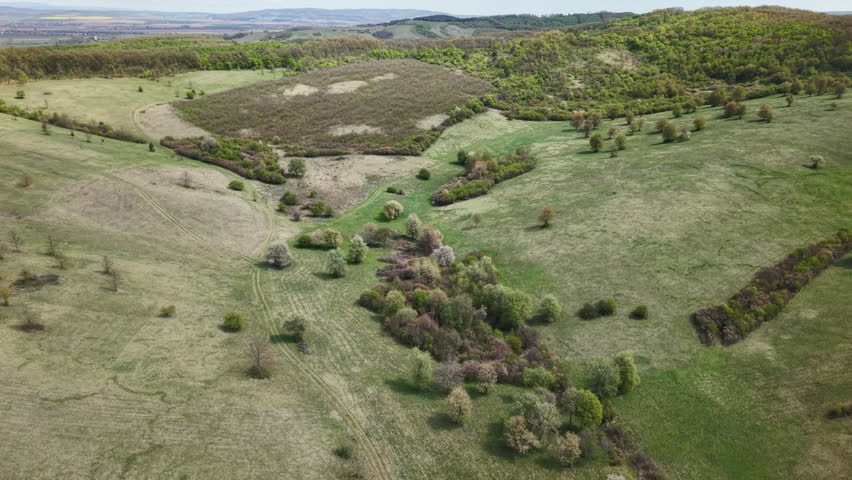 An expansive aerial perspective showcases rolling green hills and meadows during spring, with blooming trees and winding dirt tracks across a peaceful rural countryside under a soft morning light.