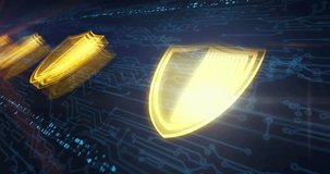 Cyber security shield hologram symbol appears on a electronic circuit background. Network, cyber technology and computer abstract concept. - Powered by Shutterstock - Get 15% off with code: PIKWIZARD15