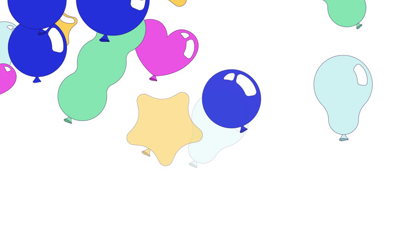 Party balloons falling down top border video overlay. Star baloons. Animated upper edge frame with cascading elements. Motion graphics with transparent copy space. Decoration seamless animation