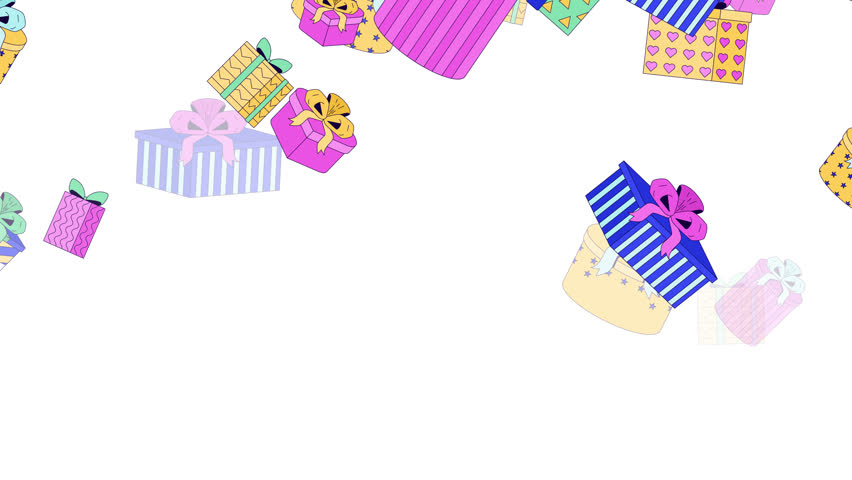 Wrapped gift boxes falling down top border video overlay. Presents. Animated upper edge frame with cascading elements. Motion graphics with transparent copy space. Decoration seamless animation