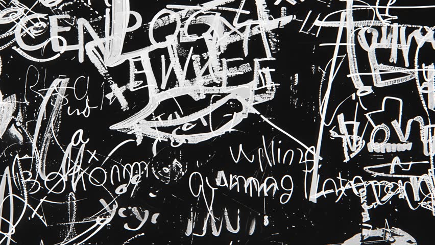 Abstract black and white doodle graffiti texture with handwritten phrases, rough line art, chaotic street scribbles and distressed urban poster feel, high contrast grunge background with raw punk energy, sketchy wall marks and expressive underground collage aesthetics