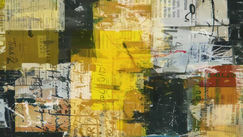 Abstract yellow and black distressed paper collage with text fragments, scribbles and rough mixed media grunge texture background