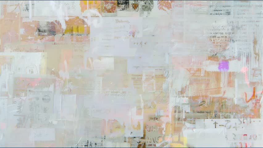 Abstract faded paper collage texture with layered newspaper fragments, soft pastel stains and distressed grunge background