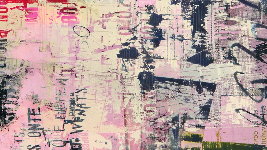 Abstract pink beige and black distressed poster collage with typography fragments, rough paper layers, grunge paint marks and worn mixed media background
