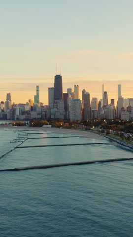 Chicago Skyline at Sunset Over Lake Michigan. Aerial view of Chicago