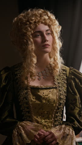 Vertical portrait of confident baroque noblewoman wearing embroidered dress, necklace, and curled blonde wig posing for camera indoors