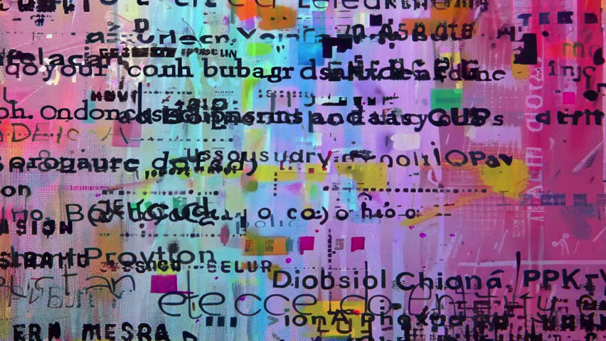 Abstract pastel purple collage with distressed typography, black print fragments, layered blocks and worn paper grunge texture background