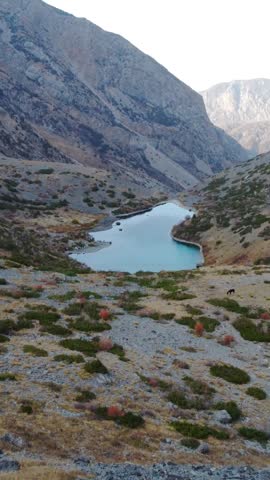 Vertical video: Aerial tracking shot over massive desolate cliffs revealing the pristine turquoise Sayramsu lake with grazing horses on the shore. Kazakhstan, Sayram-Ugam State National Nature Park.
