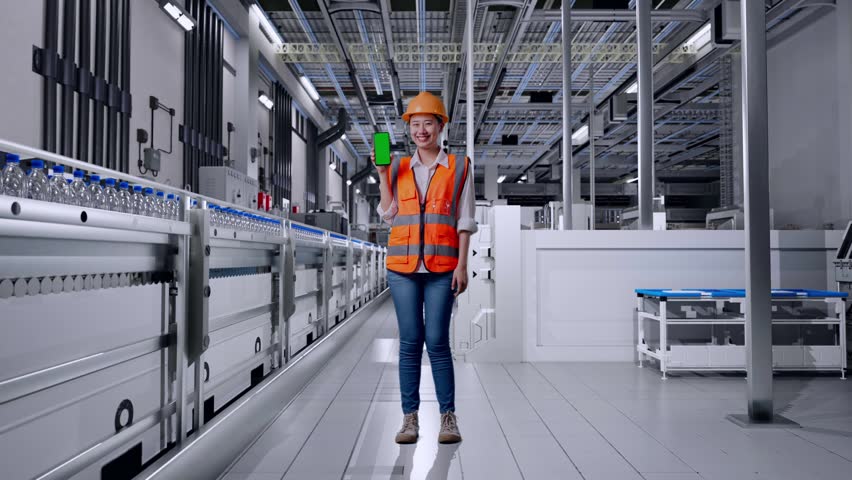 Full Body Of Asian Female Engineer With Safety Helmet Smiling And Showing Green Screen Smartphone To The Camera With Water Production in Bottling Factory