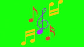 Dynamic animation of colorful musical notes and a treble clef floating against a bright green screen background, ideal for chroma key effects and video projects. - Powered by Shutterstock - Get 15% off with code: PIKWIZARD15