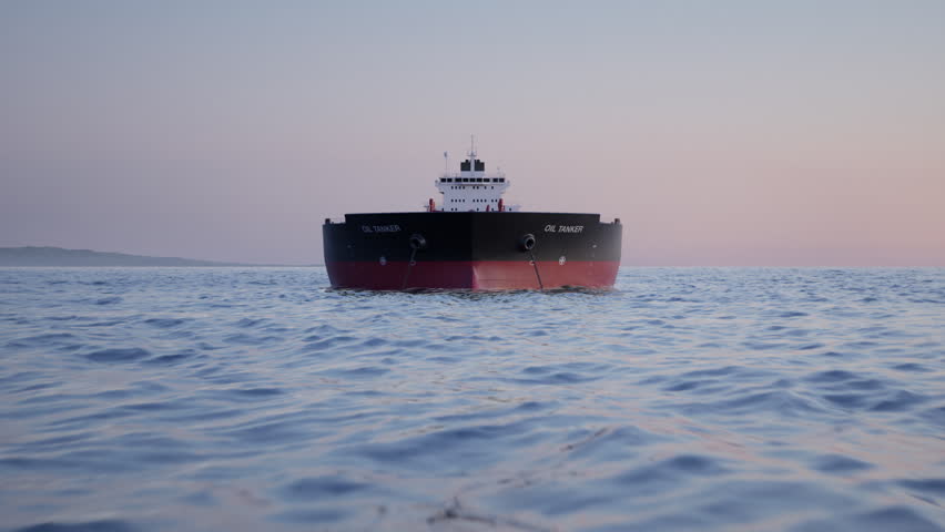 Camera flies towards and over an anchored crude oil super tanker to reveal more anchored ships. Aerial view of anchored oil tankers at sunset. Strait of Hormuz blockade concept. 3d animation render