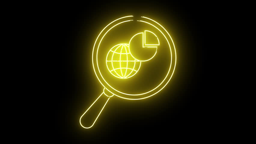 A yellow neon outline of a magnifying glass looking at a globe and pie chart against a black backdrop