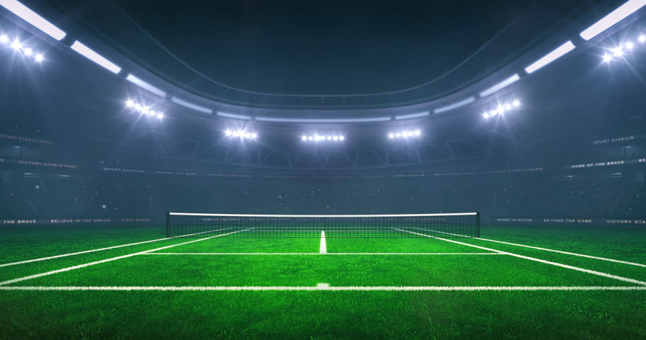Grass tennis court at a sports arena in foggy weather with shining floodlights and fans ready for an upcoming nighttime sports event. Loopable professional sports advertisement video background.