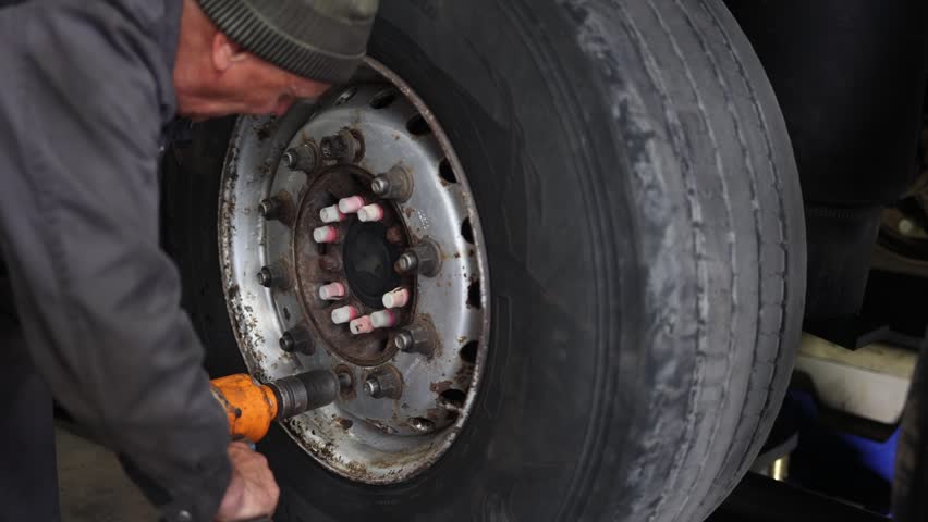 This image features a professional mechanic at a service shop, expertly unscrewing a truck wheel. His focus and usage of a large tool emphasize the intricate work involved in automotive maintenance.