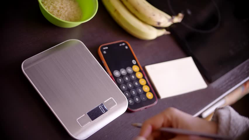 Weighing A Banana On A Digital Kitchen Scale For Nutritional Tracking, Person Monitoring Calories And Diet Data With Smartphone Calculator, Healthy Eating Concept, Meal Preparation Routine, Weight Loss Plan, Bodybuilding Nutrition, Tracking Food Intake, Fresh Produce Monitoring, Culinary Measurement, Fitness Lifestyle, Diet Regime, Journaling Macros, Nutritious Snack Servings, Healthy Habit, Kitchen Setup, Writing Down Diet Info, Caloric Deficit, Daily Intake Management, Precise Portion Control