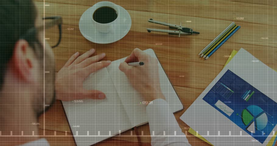 Male analyst writing in notebook pen touching paper activating green finance graph showing trends. Data, curve, charts, desk, planning, coffee, glasses