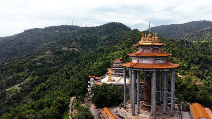 Majestic aerial view of kek lok si temple, a famous buddhist landmark in penang, malaysia
