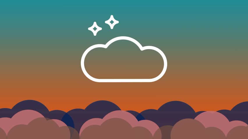A cloudy evening weather illustration with a glowing outlined cloud and sparkle stars over warm gradient orange and dark brown layered hills