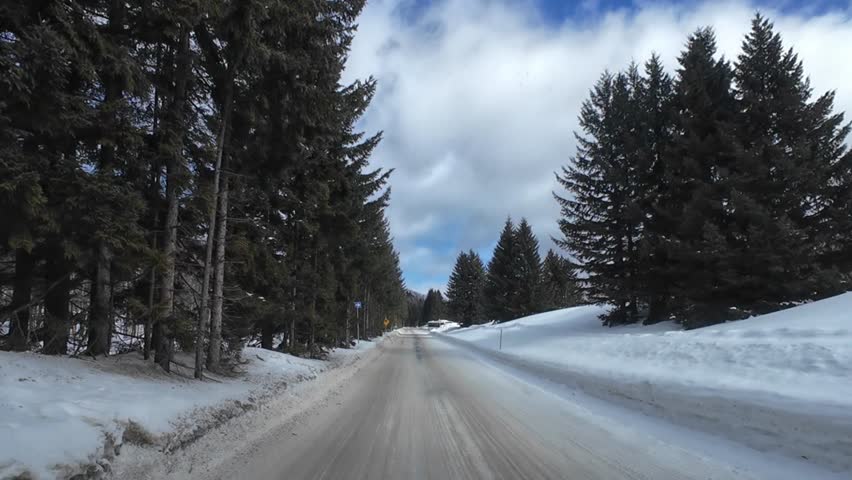 POV car driving on a snowy winter road through a pine forest in Tomamu Hokkaido Japan