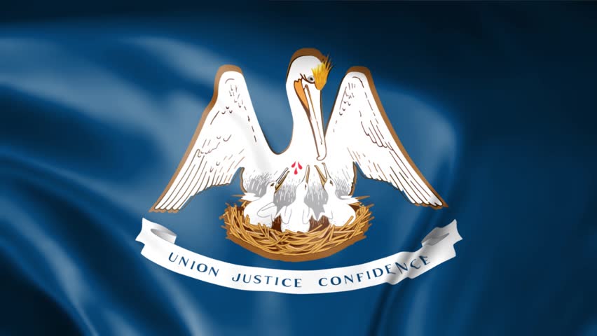 Waving Louisiana State Flag with Pelican Symbol. Realistic 3D Render for Patriotism, Identity, and Educational Backgrounds.