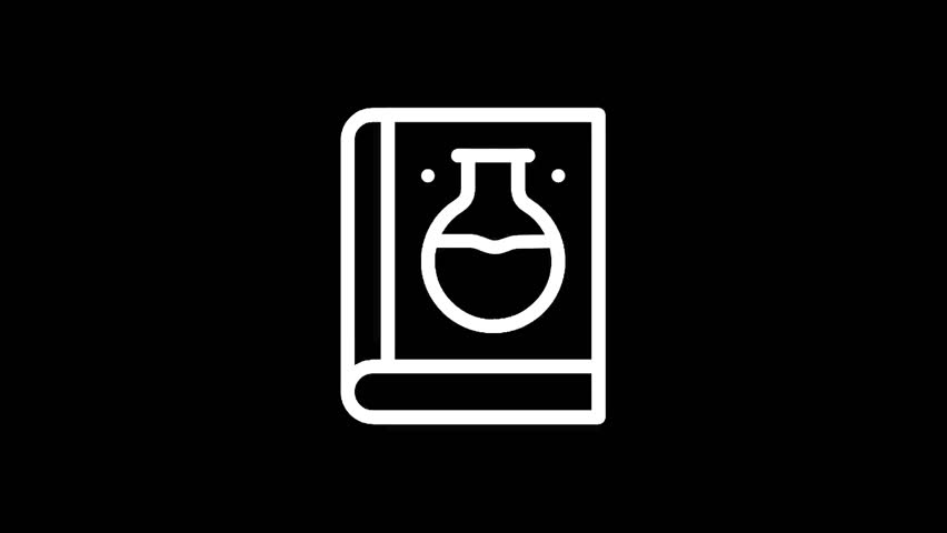 A minimalist white line art icon on a black background depicts a closed book with a round flask containing liquid on its cover, symbolizing scientific learning and discovery