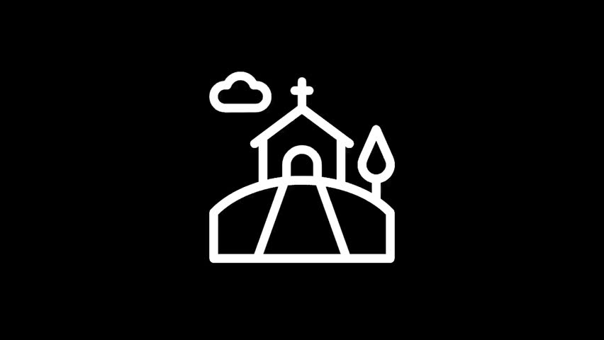 A minimalist white outline drawing depicts a quaint chapel situated atop a grassy mound, with a pathway leading to its entrance and a solitary tree nearby